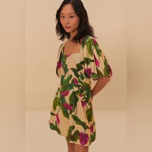 Farm Rio Sand Anthurium Leaves Mini Dress
